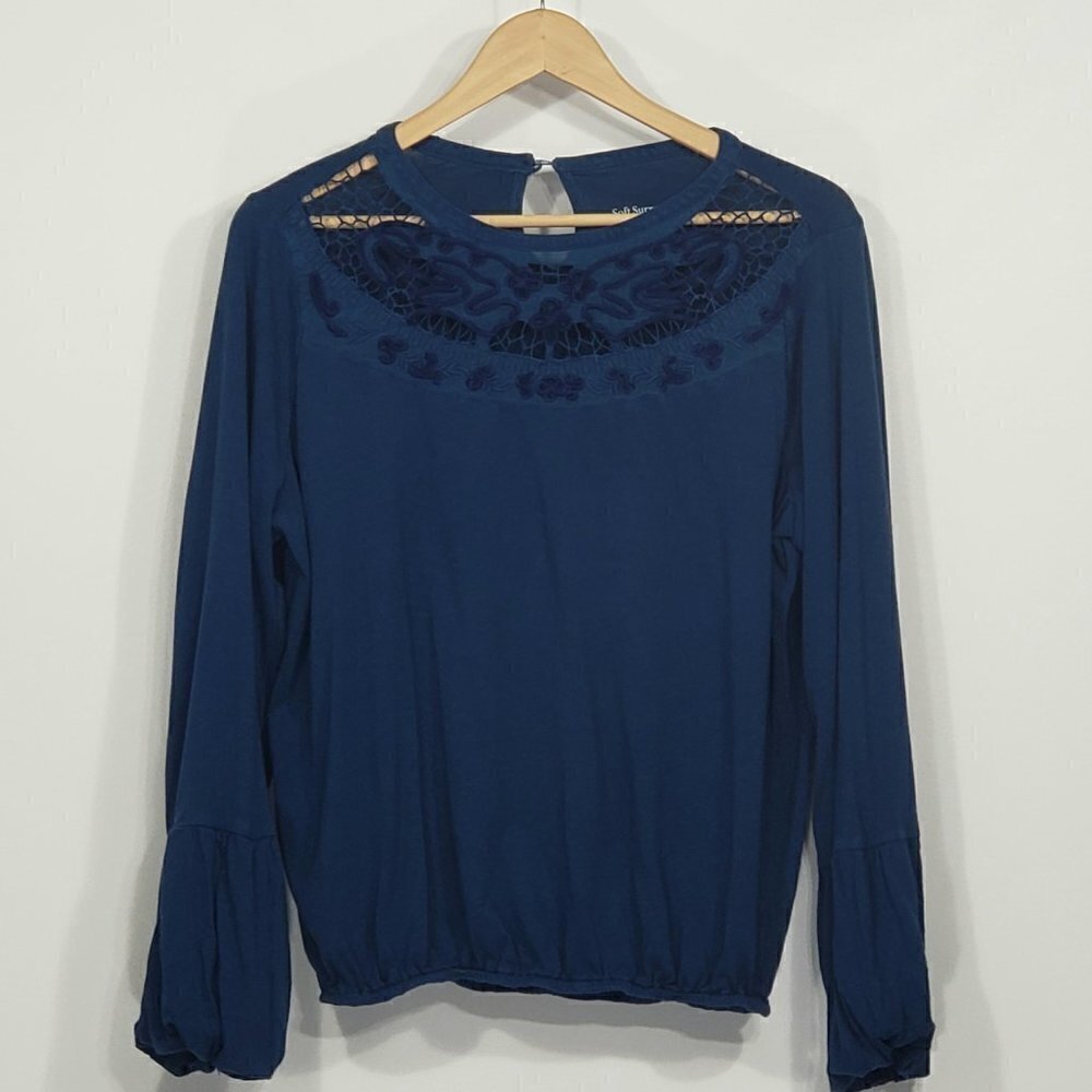Soft Surroundings Blue Elastic Waist Blouse with Embroidery & Cutwork Medium
